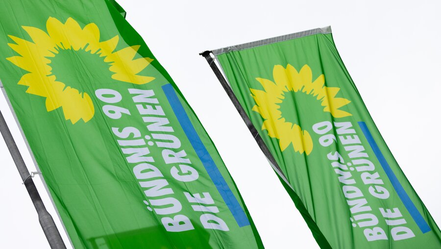 Fahnen wehen während der Landesdelegiertenkonferenz der Grünen zur Europawahl vor der Stadthalle von Kehl im Wind / © Philipp von Ditfurth (dpa)