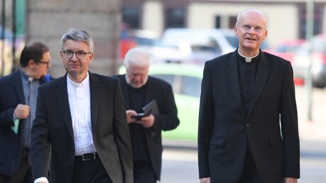 Peter Kohlgraf (l), Bischof von Mainz, und Franz-Josef Overbeck, Bischof von Essen / © Arne Dedert (dpa)