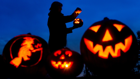 Halloween: Kürbis-Gesichter leuchten in einem Garten / © Patrick Pleul (dpa)