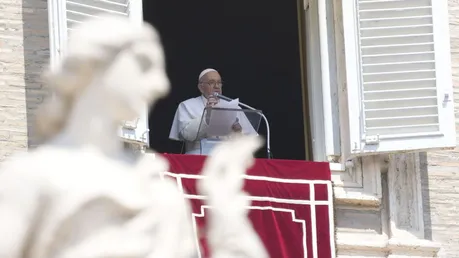 Papst Franziskus hält seine Ansprache während des Mittagsgebets / © Gregorio Borgia/AP (dpa)