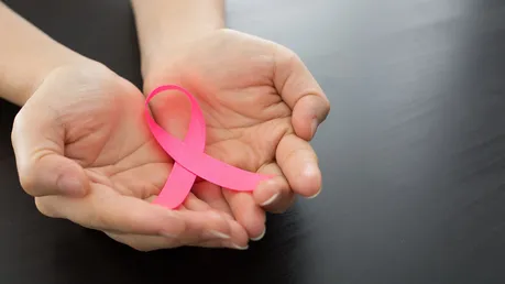 Eine Frau hält eine rosa Schleife als Symbol für Solidarität mit an Brustkrebs erkrankten Menschen in den Händen / © ShutterOK (shutterstock)