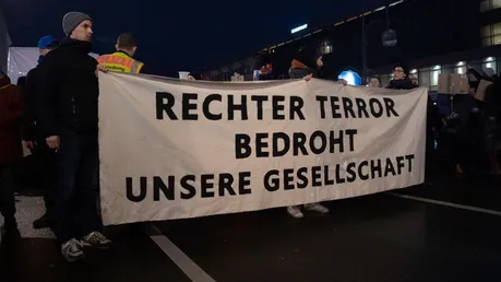 Menschen demonstrieren am Hermannplatz in Neukölln gegen rechten Terror. / © Paul Zinken (dpa)