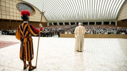 Papst Franziskus vor den Audienzteilnehmern / © Vatican Media/Romano Siciliani (KNA)